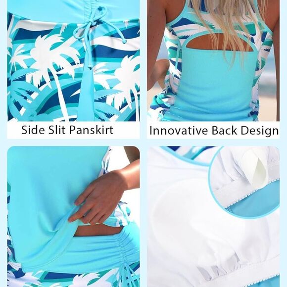 Tropical Print Women's Aqua Tankini Top - Picture 3 of 9